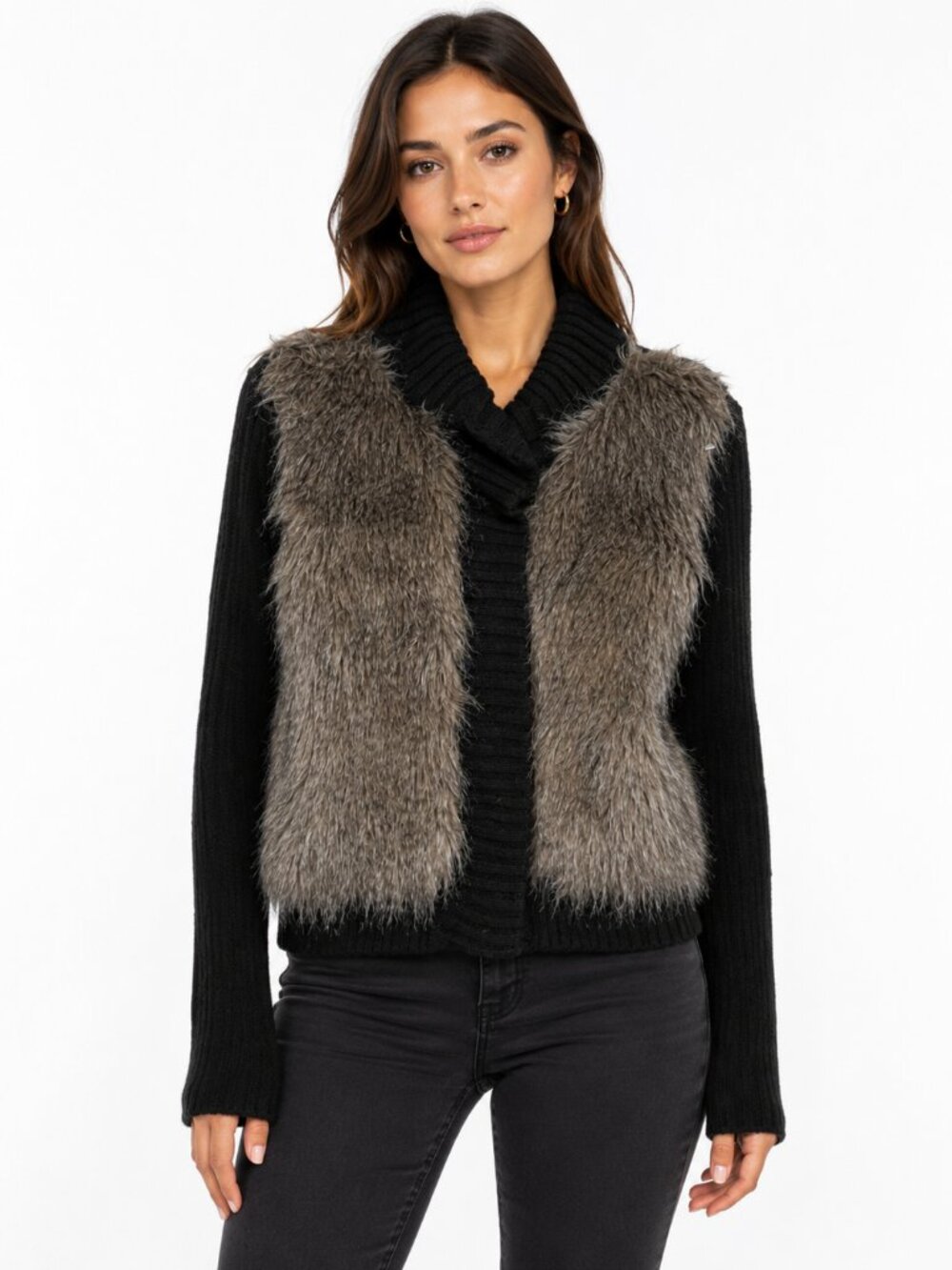 Premise Faux Fur Panel Ribbed Knit Cardigan Sweater Jacket | Size Small